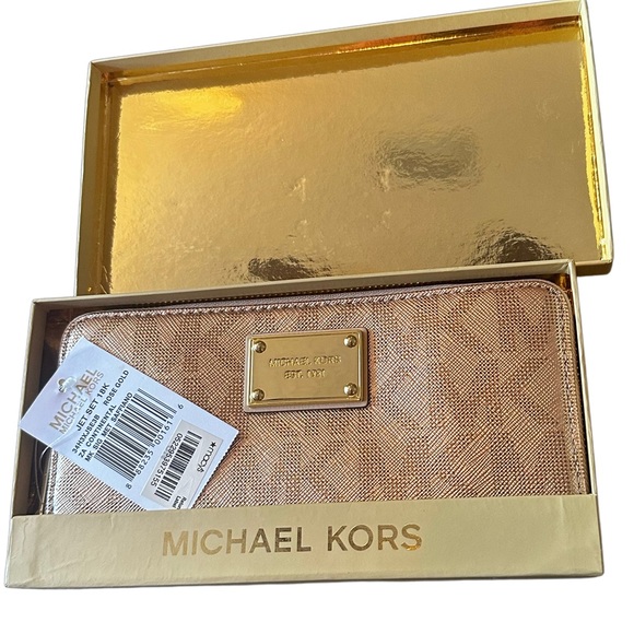 MICHAEL MICHAEL KORS JET SET 18K ROSE GOLD WALLET MK SIG MET SAFFIANO NWT - Picture 4 of 7